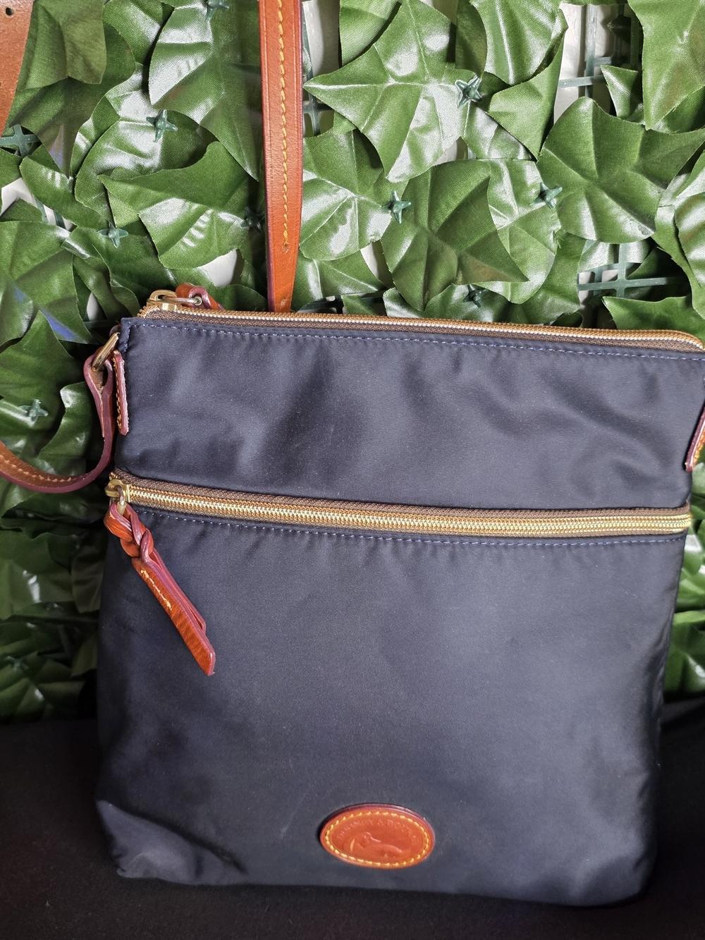 Black Crossbody Dooney & Bourke Nylon Bag with Brown Leather Trim